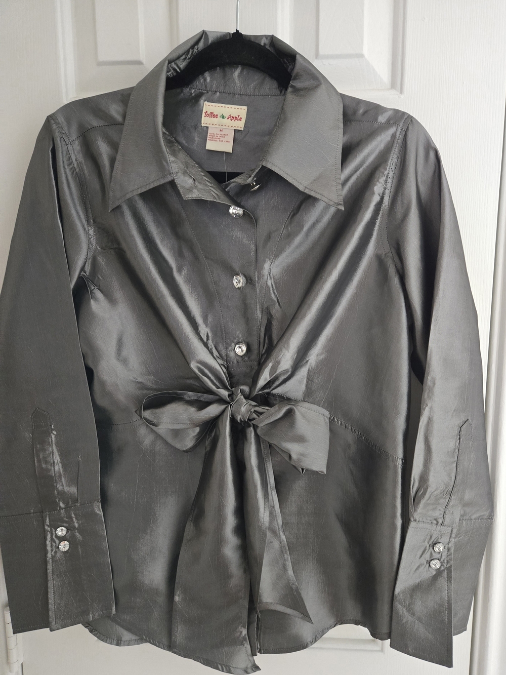 Holiday Toffee Apple Gray Satin  Tie-Waist Rhinestone Blouse  Size Medium NWT